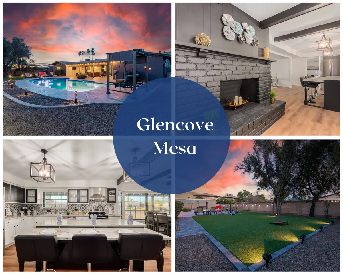 The image showcases a stunning backyard at sunset featuring a sparkling heated pool surrounded by lush grass, an inviting outdoor seating area, a modern kitchen island perfect for al fresco dining, and a cozy fireplace—all framed by the warm Arizona sky. The space is designed for relaxation and entertaining, with areas for swimming, gathering, cooking, and enjoying the outdoors together.